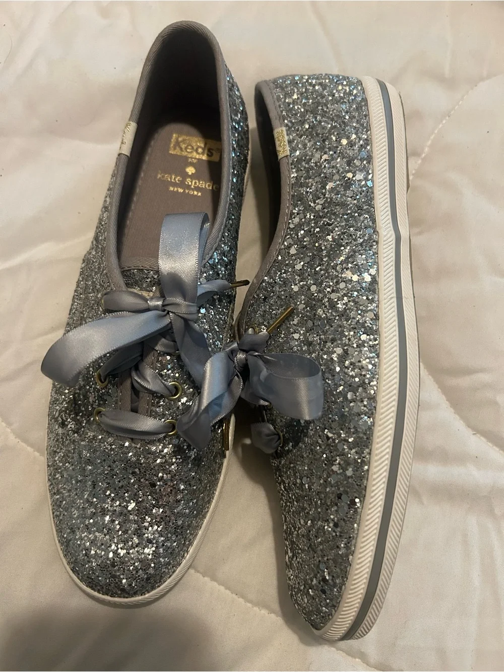 kate spade Silver Glitter Ribbon Lace-Up Sneakers